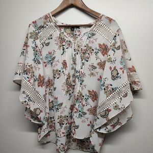 Zac & Rachael Tunic Top Women Size L Cream Floral Relaxed Fit Cropped Length